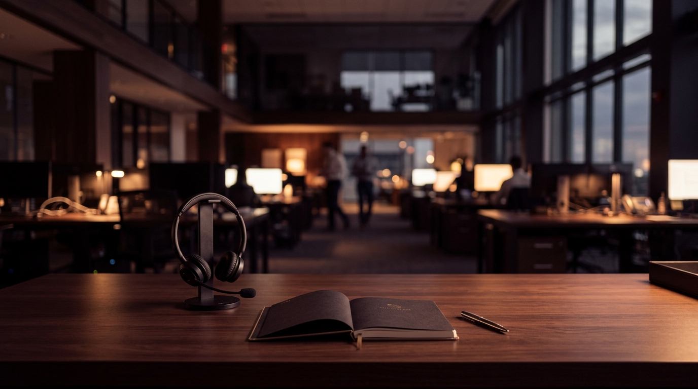 Freight brokerage and 3PL operations floor at evening with a headset and notebook on an executive desk