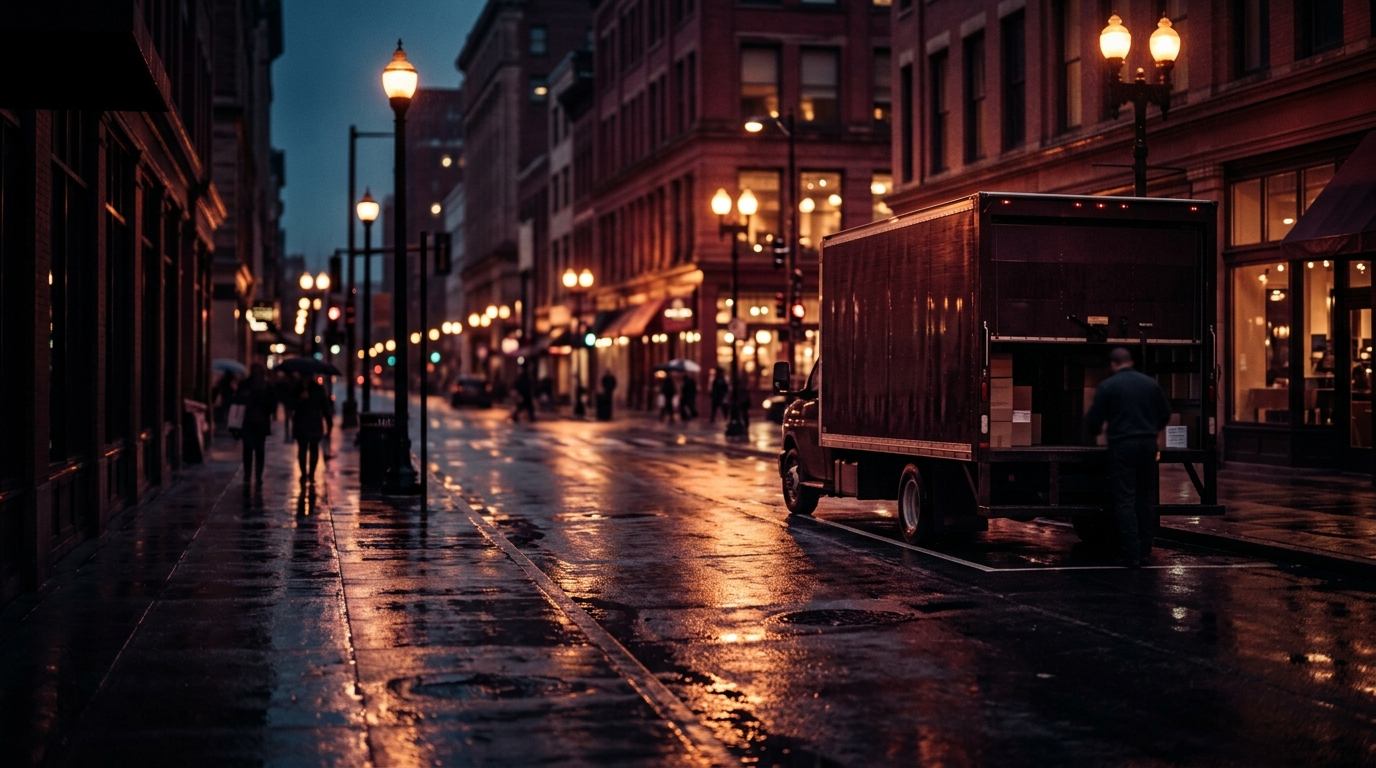 City cartage straight truck making a downtown delivery on a rain-wet street at dusk