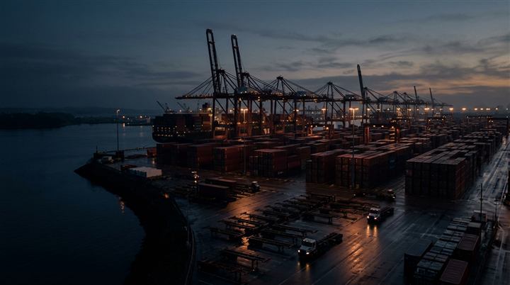 Container port at blue hour with gantry cranes, stacked containers and drayage trucks in the chassis yard