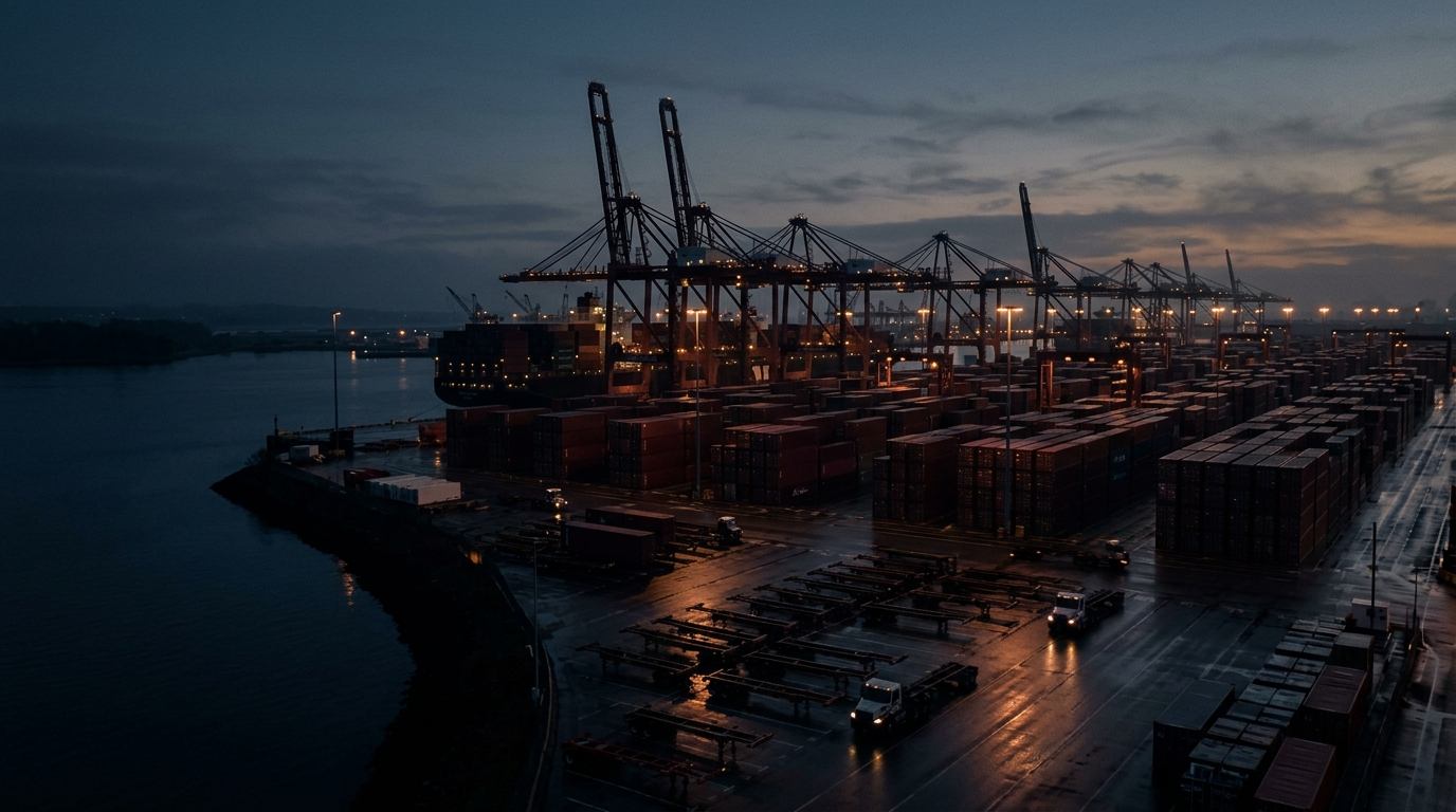 Container port at blue hour with gantry cranes, stacked containers and drayage trucks in the chassis yard