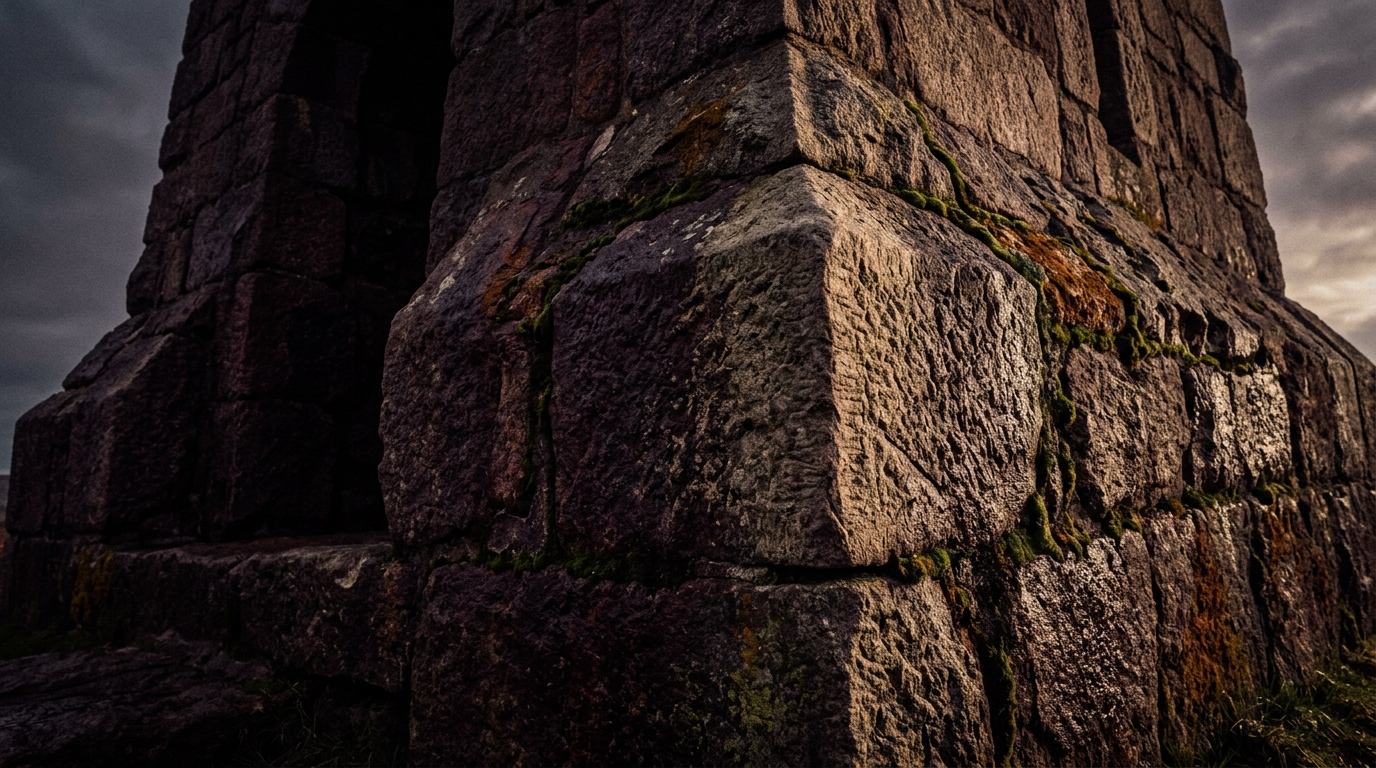 Hand-cut cornerstone and foundation blocks of an old stone tower in low sunrise light, built to last