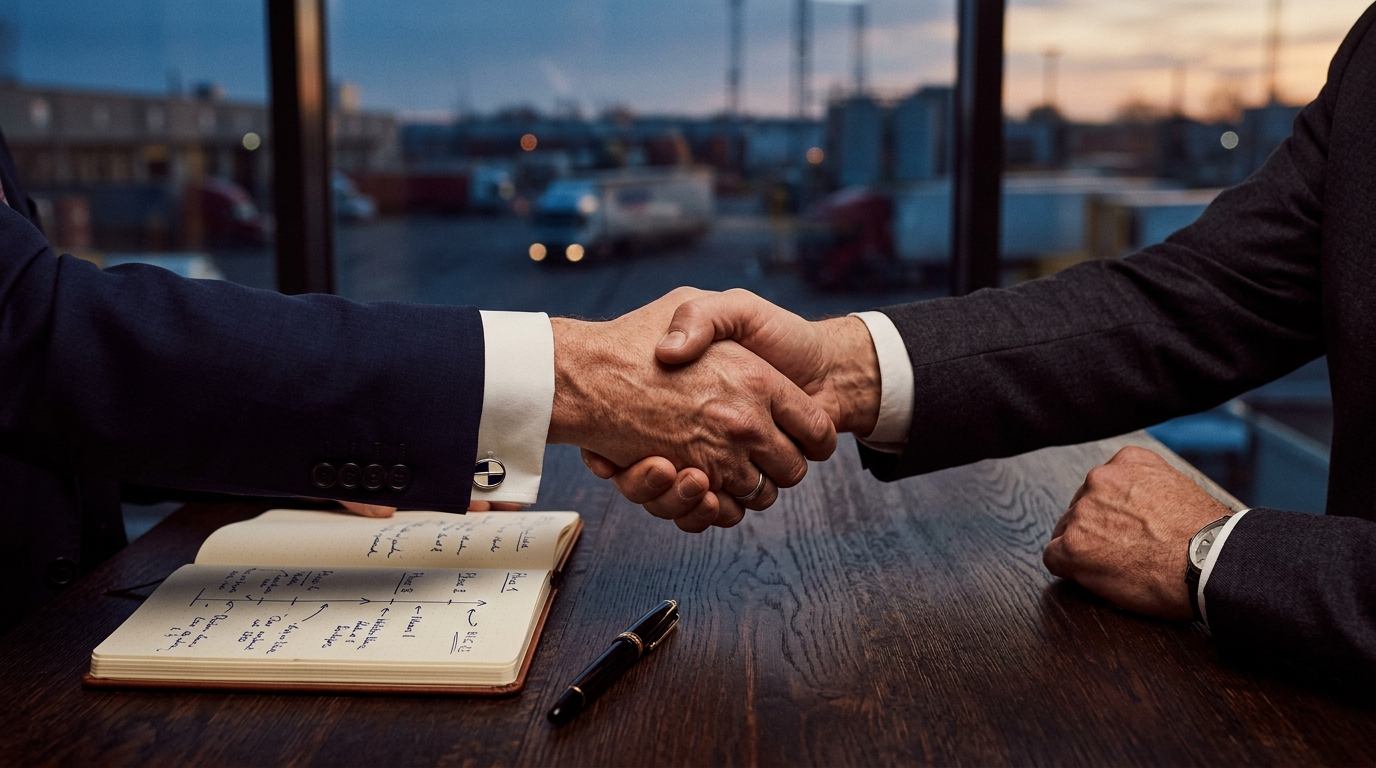 Handshake across a conference table over a notebook with a project timeline, freight terminal in the background
