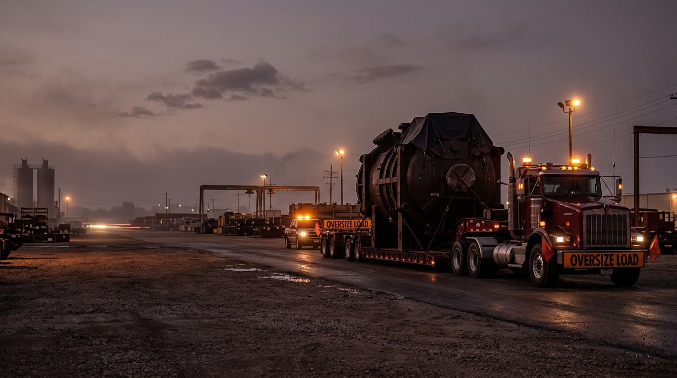 Specialized heavy haul lowboy carrying an oversize industrial component at a staging yard at dusk