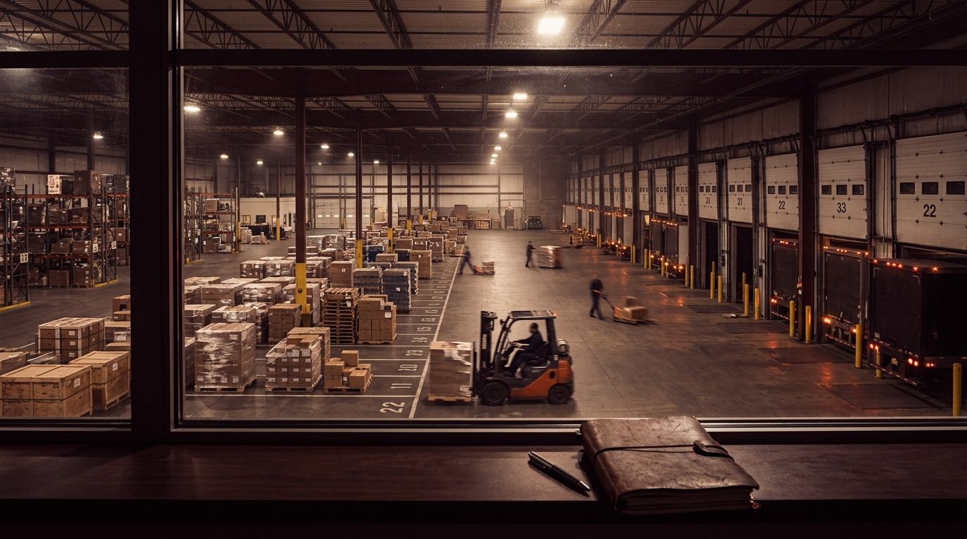 LTL cross-dock terminal floor at night seen from a mezzanine office, palletized freight staged in lanes beside open dock doors