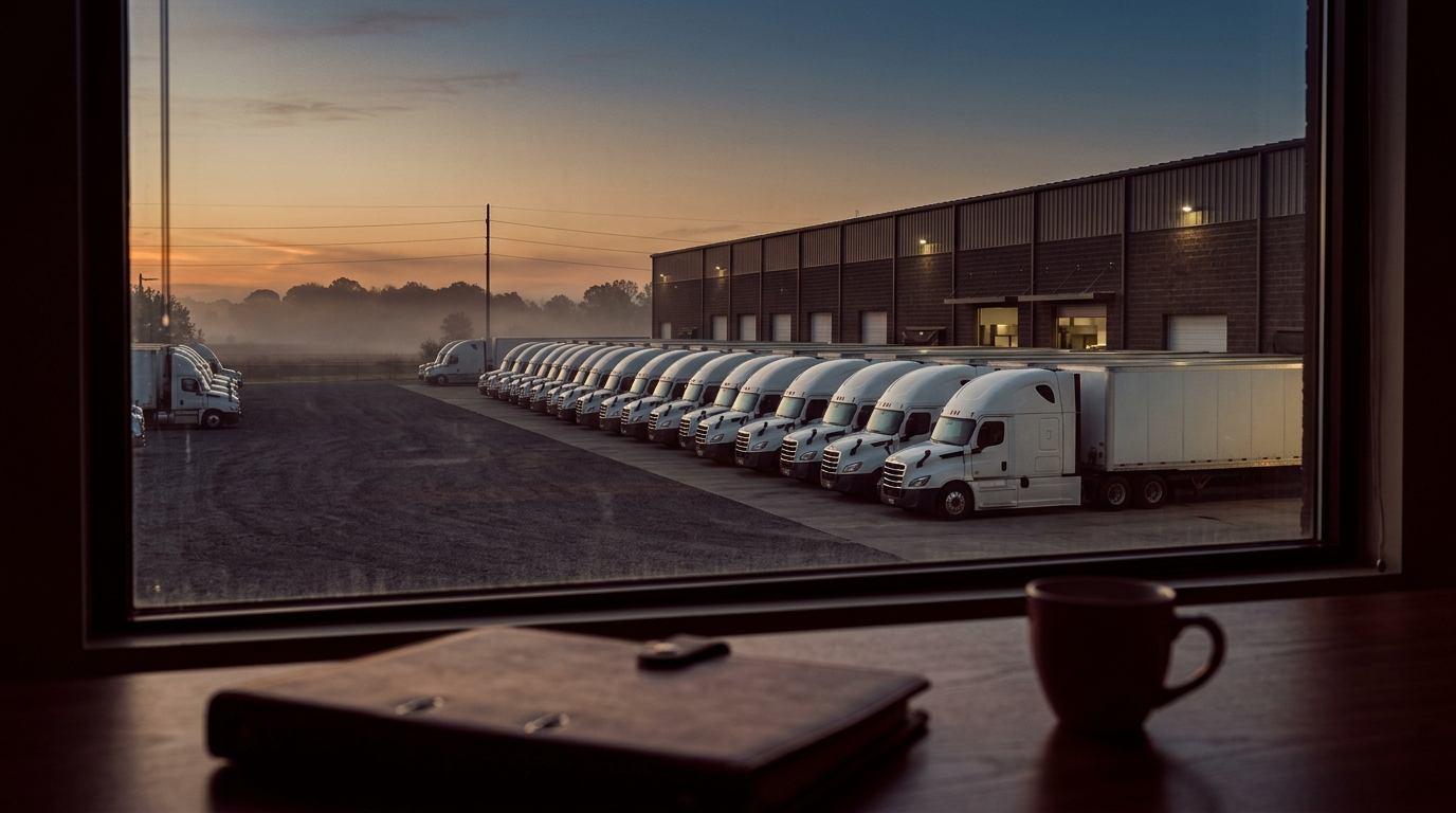 Private fleet tractors and trailers lined up beside a distribution warehouse at dawn, seen from a plant office