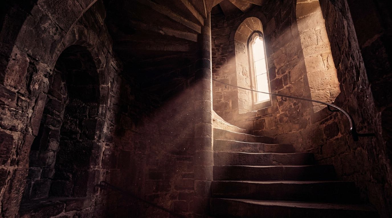 Spiral stone staircase inside a tower rising toward a window of soft light
